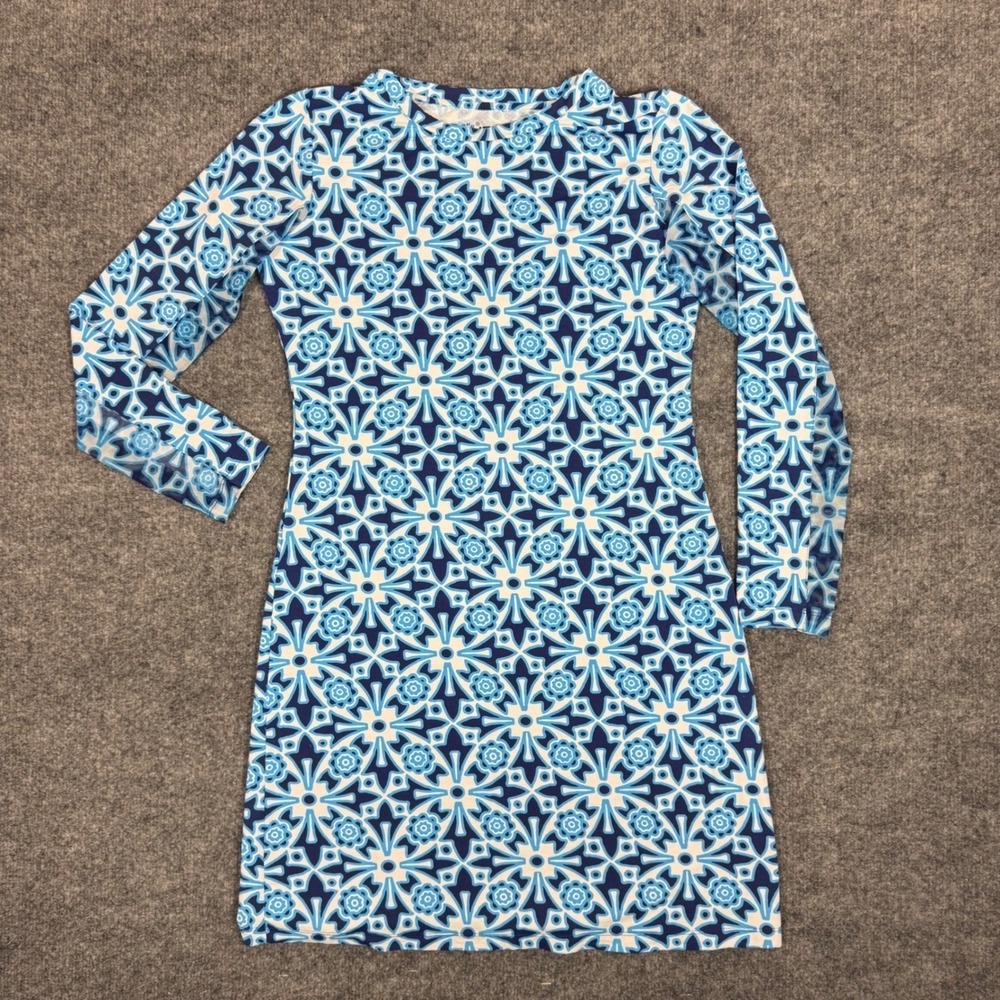 IBKUL Geometric Print UPF 50 Long Sleeve Active Dress Womens Small Blue GUC